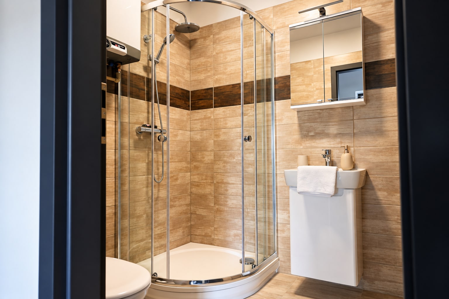 Moderní koupelna s proskleným sprchovým koutem a zrcadlovou skříňkou – Apartmány Panorama Bublava