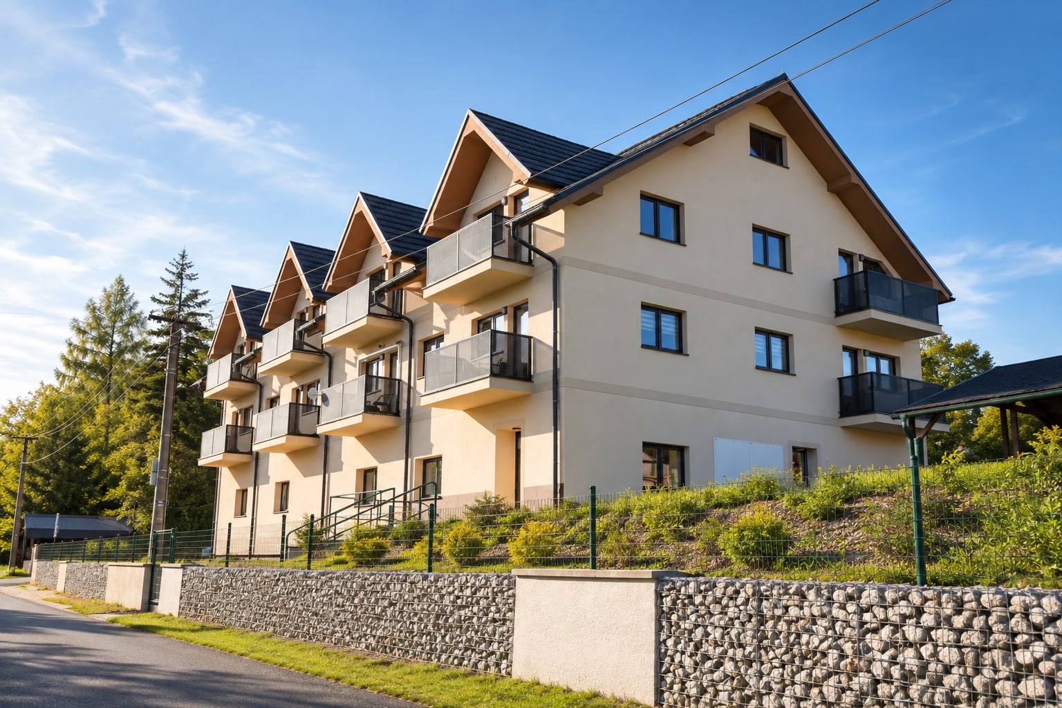 Apartmány Panorama v Bublavě – pohled na slunné balkony apartmánů a okolní horskou přírodu Krušných hor